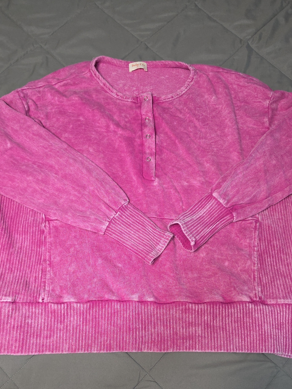 Womens Pink Washed Henley Pullover Top